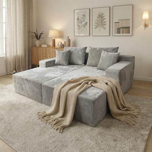 Image of SYTOPIA Loveseat Chaise Lounge with Armrests, Oversized Sofa Bed with 4 Pillows, Cozy Boneless Sleeper, Modular Sectional Couch for Living Room Bedroom, Floor Chair Furniture sala Chenille, Urban Grey