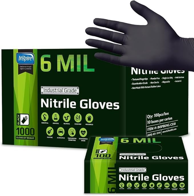 Inspire Black Nitrile Gloves HEAVY DUTY 6 Mil Nitrile Chemical Re...
