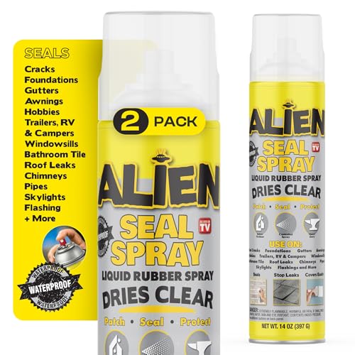 Alien Tape Sealant Spray 2Pk Waterproof and Air Tight Liquid Rubber Spray Seals Prevents and Patches Leaks Protects Surfaces Works on Most Materials Long Lasting Dries Clear - 2 Cans (28 Oz)
