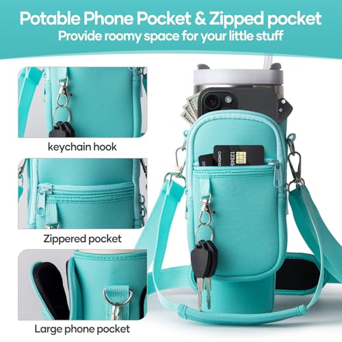 Image of linmaya Water Bottle Carrier Bag with Phone Pocket for Stanley Cup 40 /30oz,Insulated Neoprene Water Bottle Holder Cross-boday Bag with Adjustable Shoulder & Handheld Strap Stanley Cup Accessories