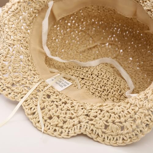 Aiyomimo Strohhut- Weicher Faltbarer Baby Sonnenhut für Mädchen, Atmungsaktive Kappe für Sommer Strand Outdoor Spielen (DE/NL/SE/PL, Alter, 1 Jahr, 2 Jahre, Spitzenschleife-Beige)
