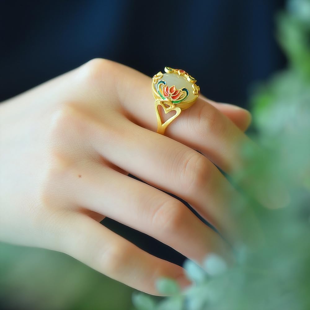 S925 Silver-Inlaid Natural White Jade Enamel Lotus Ring Opening Adjustable Including Certificate