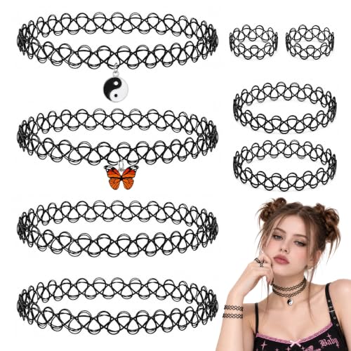 8PCS 90s Tattoo Choker Necklace Bracelet Ring Set, Y2K Outfits for Women
