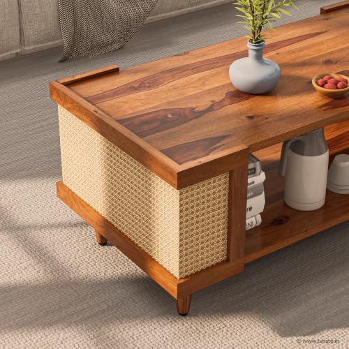 Image of Sudha Solid Sheesham Wood Coffee Table & Centre Table, Honey Finish | Open Storage Shelf, Natural Rattan Cane Sides, Wooden Center Table for Living Room, Solid Sheesham Wood