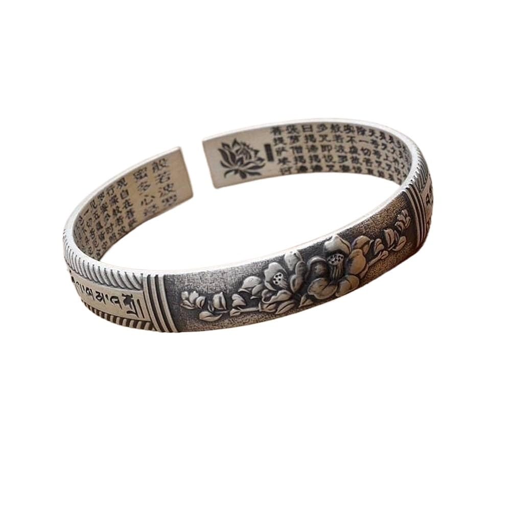 Bracciale rigido alla moda, bracciale rigido in argento 999 con detti buddisti Bracciale con detti buddisti femminili Fiore che sboccia Ricchezza e peonia Bracciale in argento I braccialetti possono e