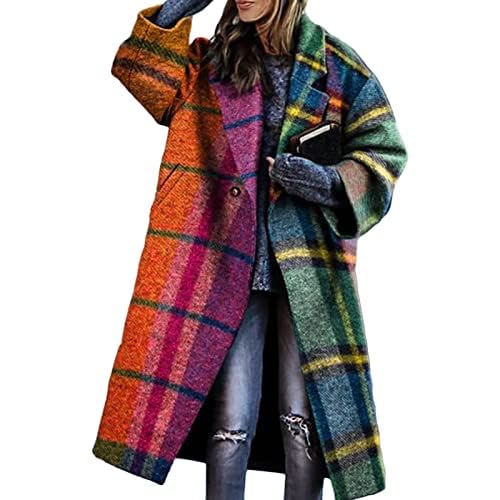 Womens Notch Lapel Single Breasted Color Block Printing Casual Long Sleeve Lapel Blazer Slim Mid Long Trench Coat Jacket (X-Large,Color)