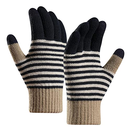 YOLAI Fashion Women Elastic Stripe Knitted Gloves Winter Texting Gloves Outdoor Riding Mittens Warm Full Finger Gloves (Navy, One Size)
