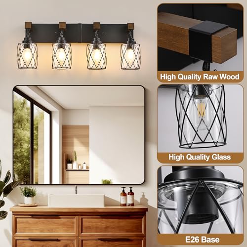 Image of Bathroom Light Fixtures, Farmhouse Wood & Black Metal with Glass Shade | 4 Light Rustic Vanity Lights, Mounted Over Mirror For Bathroom, Bedroom and Hallway, Easy To Install