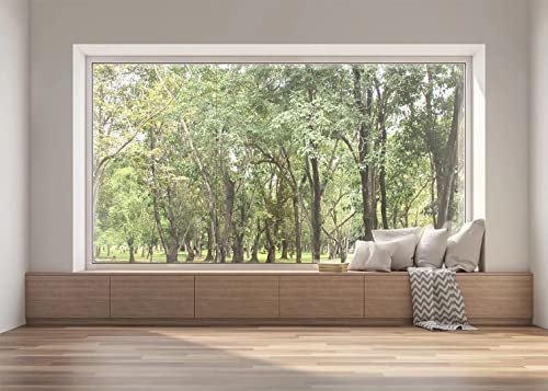 BELECO 7x5ft Fabric Modern Living Room Window Backdrop House Interior Green Forest Trees Scenery Nature Background Wallpaper Home Office Zoom Meeting Video Conference Backdrop Photo Studio Props