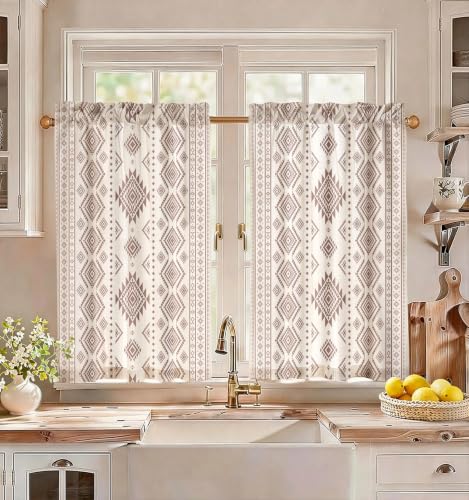 Image of Miss Adola Boho Kitchen Curtains - 36 Inch Length Linen Blend Geometric Striped Cafe Curtains Western Tier Curtain Short Drapes Rod Pocket for Bathroom Living Room Windows Light Filtering, 2 Panels