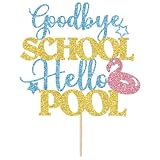 Goodbye School Hello Pool Cake Topper, School's Out for Summer, Hello Summer Party Decor, Summer Beach Vacation Party Decorations Glitter