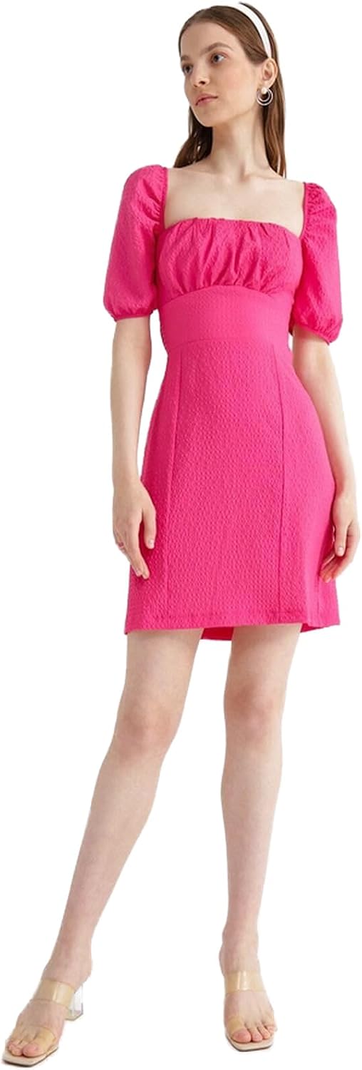 Fabrika Karpuz Kollu Mini Basic Armürlü Kare Yaka Elbise, LELI