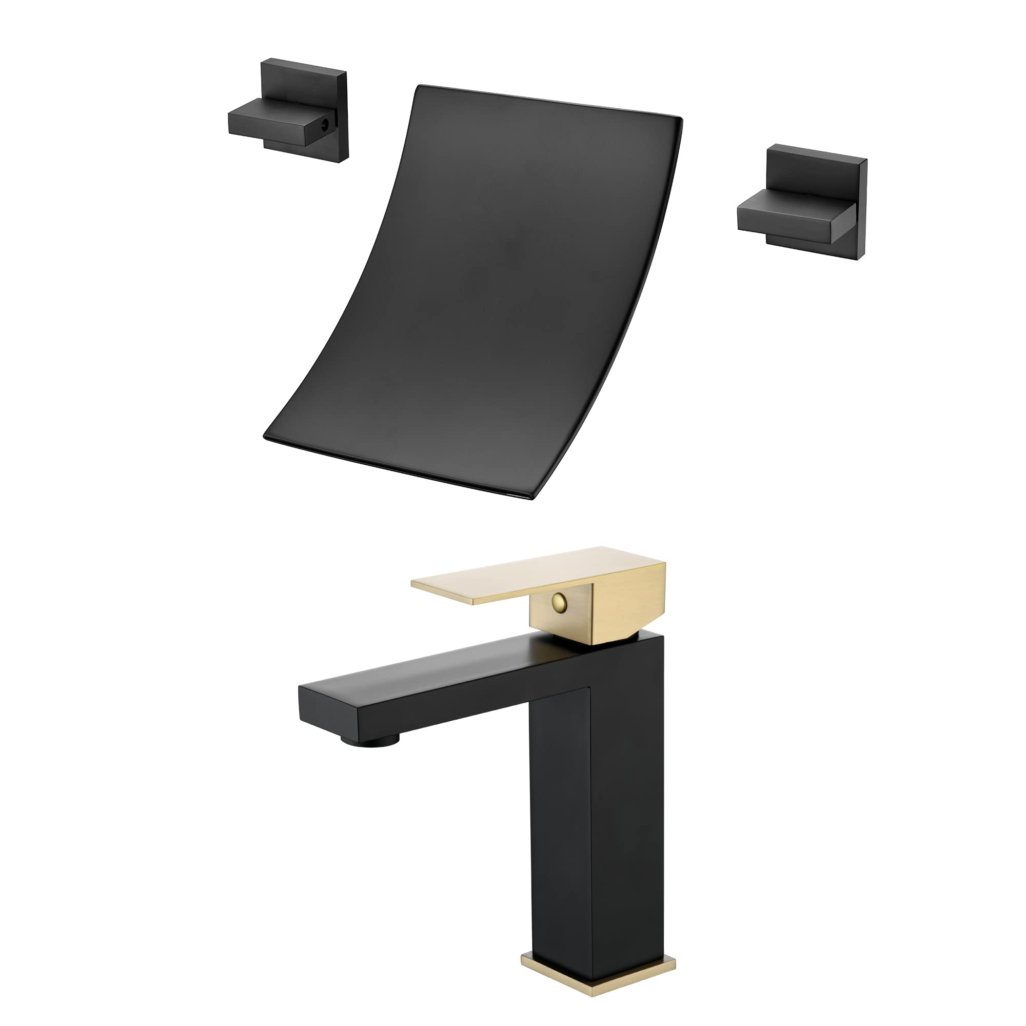 Hcfyauis Black/Gold Wall Mount Tub Faucet S1248dw + Bathroom Faucet S1412-M