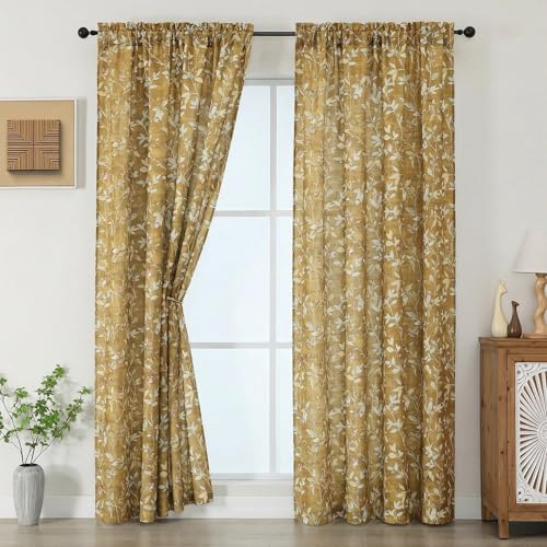 Image of Chyhomenyc Light Filtering 84 Inch Window Curtains - Linen Blend Floral Printed Curtains Drapes for Living Room, Soft Farmhouse Curtain for Bedroom, 52Wx84L Inch, 2 Panels, Gold