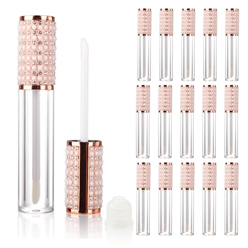 COSIDEA 15pcs Round Empty 5ml 0.17oz Rose Gold lip gloss tubes with wand pearl Lipgloss tube containers for lip oil packing