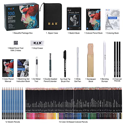 H & B 100 Pcs Art Supplies,Drawing Colored Pencils Kit,Art Set With Sketch Pad | Coloured Pencil Book |Coloring Book |Drawing Tutorial, Pro Drawing Kit Art Sets For Adults Artists Beginners Kids #TOP1