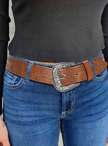 INOGIH Adjustable-Vintage-Western-Cowboy-Belt Women Men - Cowboy-Style Engraved-Buckle Belt for Jeans Pants Dresses3