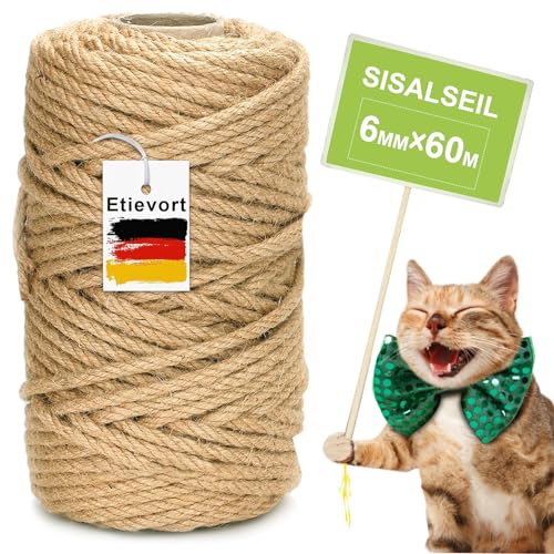 Sisalseil für Kratzbaum, 6MM X 60M Sisalseil, Sisal Kratzbaum Schnur, Kratzbaum Seil für Katzen, Kratzbaum, Kratzseil, Haushalt, Garten, DIY, Dekoration