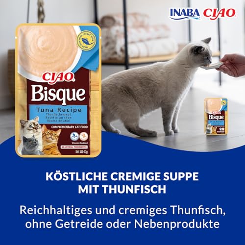 INABA Ciao Bisque Katzenfutter Nass Kalorienarm mit 30% Thunfisch | Getreidefrei, Zuckerfrei, Keine Nebenerzeugnisse, Cremige Paste und Leckere Katzensuppe aus Japan 40 g (12er Pack)