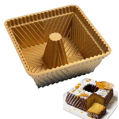 TiParthenos Square Fluted Tube Cake Pan 10-Cup Compact Size Dual-Tone Gold & Black Shimmer Finish Heavy Die-Cast Alum. Nonstick Bakeware 8.5-Inch Decorative Cake Mold Easy Release Gift-Ready Box