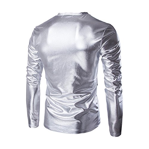 WENKOMG1 Mens Metallic Shirt,Prom Crewneck Blouse Shiny Reflective Disco Shirt Long Sleeve Slim Fit Top2