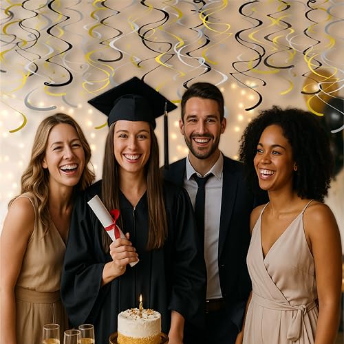 Image of HonuGoGo 48-Piece Paper Swirl Party Decorations for Ceiling, Black Gold Silver Satin-Look Single & Double Hanging Spirals, for Graduation, Birthday, Wedding, New Year, Bachelorette, Corporate Events