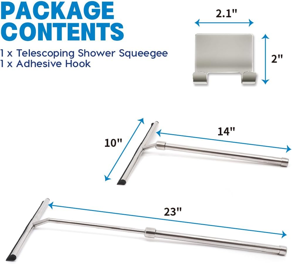 Shower Squeee with Long Handle and Adhesive Hook. for Glass Doors, Tile