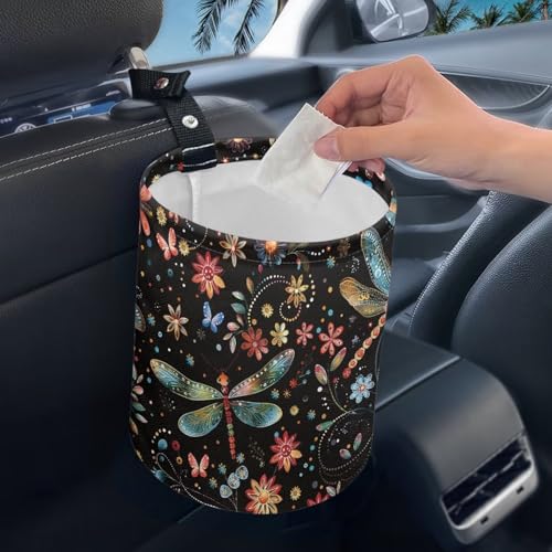 Image of Renewold Floral Dragonfly Butterflies Car Trash Can Automotive Interior Accessories Button Design Trash Bin for Car Garbage Can Gift for Women Men Storage Bag for Picnic Beach Home Office Waterproof