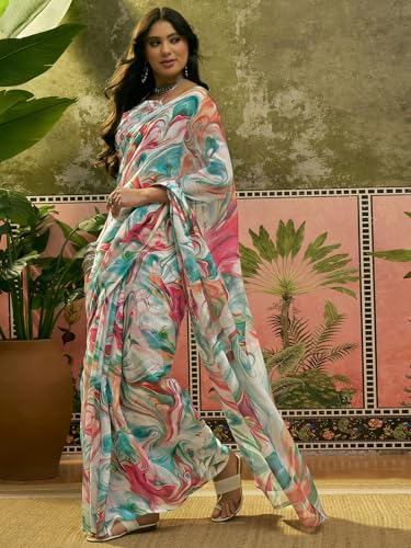 Image of SIRIL Women's Cotton Linen Printed Zari Border Saree with Unstitched Blouse Piece