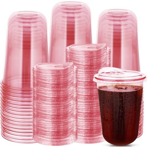 100 Sets Disposable Stemless Glasses With Strawless Sip Lids,PET Drinking Cups,Clear Plastic Coffee Cup for Iced Coffee, Smoothie, Cold Beverage, Drink Shop and Christmas Party Supply (Pink, 16 oz)