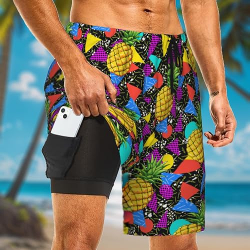 2 in 1 Mens Swim Trunks with Compression Liner 80s Pineapples 90s Quick Dry Party Beach Shorts with Zipper Pockets2