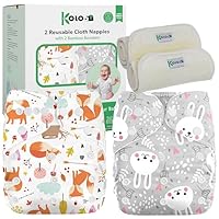 Kolo wiederverwendbare Windeln - waschbares Stoffwindel-Set: 2 waschbares Einstellbare Stoffwindel mit 2 Bambuseinlagen. Stoffwindeln 100% umweltfreundlich. Design Foxes&Rabbits