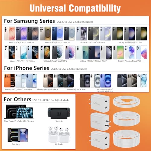 Image of 45W 3Pack White Super Fast Charger USB C Dual Port Charger Type C Fast Charging Block with 60W [3FT+6FT+10FT] USB C to USB C Charger Cord for Galaxy S26 /S25 /S24,for iPhone 17 /16 /15,for iPad and More