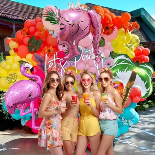 Image of Hot Pink Blue Yellow Orange Balloon Garland Kit Crown Princess Palm Tree Summer Sunglasses Tropical Balloons Arch For doll Theme Pool Party Decoration Girl Birthday Baby Shower Bachelorette Supplies