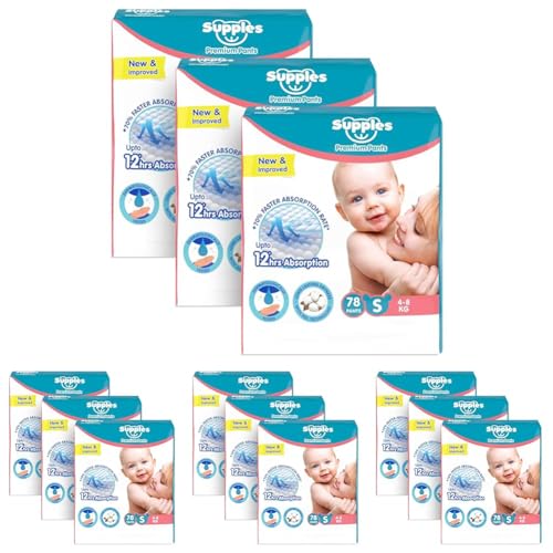 Image of Amazon Brand - Supples Premium Baby Diaper Pants | 234 Baby Diapers | Small | 4-8 Kg | 78 x 12 Packs | 12 Hrs Absorption | Cushiony Cotton Soft Fabric | Phthalates-Free | Triple Leak Guard