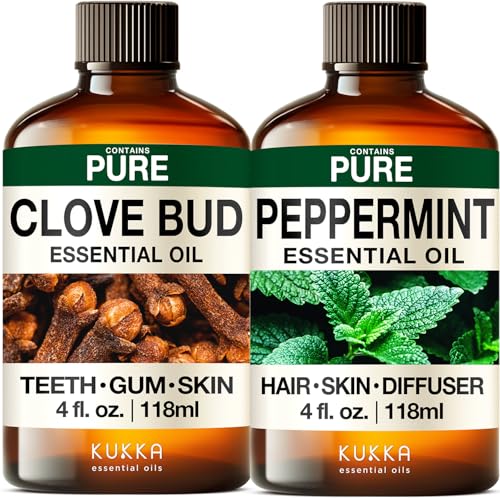 Image of Clove Oil for Oral Care & Peppermint Oil for Hair Set - Aromatherapy Grade Essential Oils Set - 2x4 fl oz - Kukka