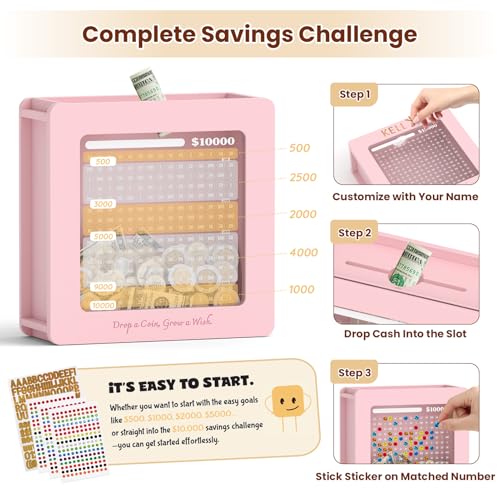 Image of Summidate Wooden Money Saving Box, Clear Window Cash Vault Savings Box -10000 Challenge with Tracker Stickers, Reusable Piggy Bank for Adults & Kids, Birthday /Baby Shower /Wedding Gift