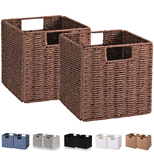Vagusicc Wicker Storage Basket Set of 2 Hand Woven Storage Baskets for Shelves Foldable Cube Storage Baskets Bins with Handles 9 inch Small Wicker Baskets for Organizing Pantry Bedroom Brown