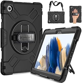 Case for Samsung Galaxy Tab A8 2022: GROLEOA Shockproof Silicone Case for Galaxy Tab A8 10.5 Inch SM-X200/X205/X207 with Pencil Holder-360° Rotating Stand-Adjustable Hand/Shoulder Strap-Black