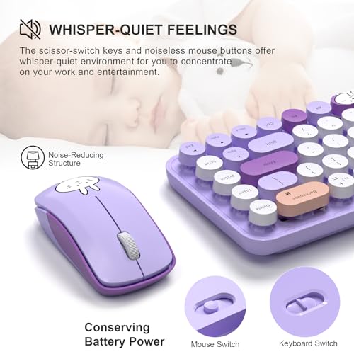Image of FOPETT Wireless Keyboard and Mouse Cute Mouse and Keyboard 2.4G Wireless Keyboards with Colorful 68 Keys Typewriter Retro Round Keycap for PC, Laptop,Tablet,Computer Windows - Purple Colorful