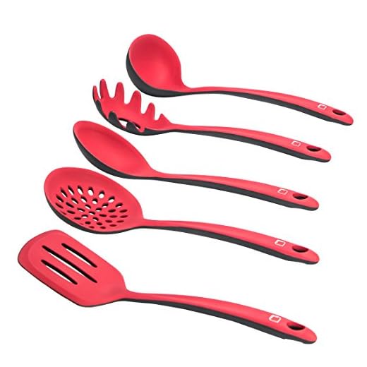 Levivo Set de utensilios de cocina de silicona / 5 cubiertos de cocina, menaje de cocina, utensilios de cocina, paleta, espumadera, cucharón, cuchara para espaguetis, cuchara salsera, rojo/negro
