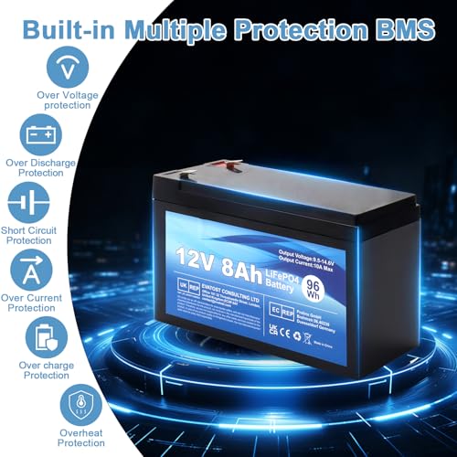 WoskjXas 12V 8Ah 96Wh LiFePO4 Wiederaufladbar Lithium Batterie, tiefes Zyklus 2000 mal mit BMS Schutz, LifePO4 Batterie für Motorboote, Camping, Roller, UPS, Windkraftanlage, Solar, Wechselrichter