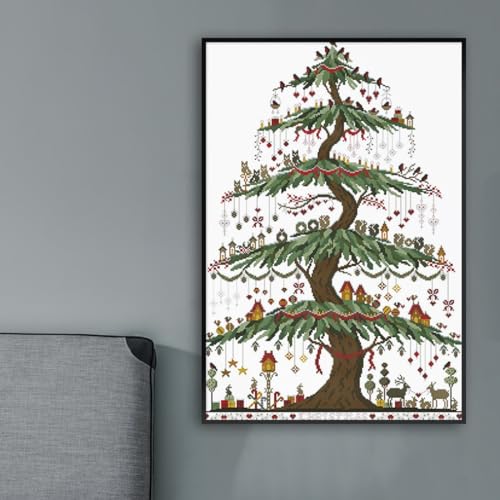 Image of Qeerysew Cross Stitch Kit Stamped Full Range of Embroidery Starter Kits for Beginners DIY- Printed kit Christmas Tree (2) (Printed) 14CT 18.9x25.98 inches
