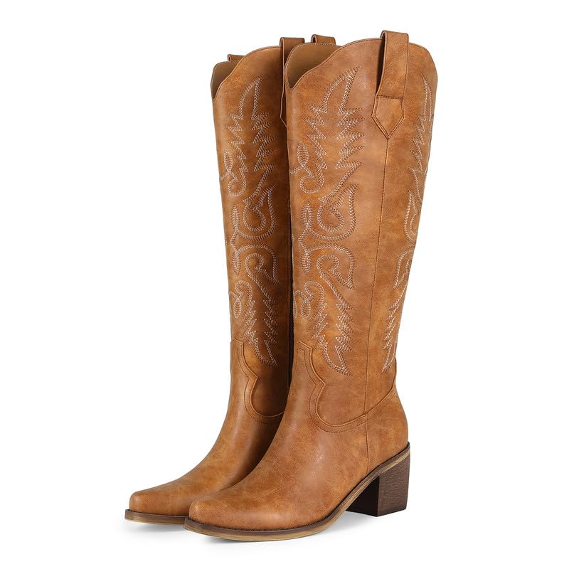 Image of ZJA Cowgirl Knee High Embroidery Pointed Toe Boots for Women