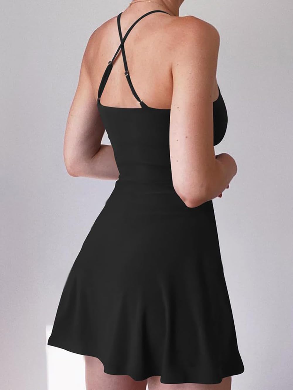 ThreeH Damen Workout-Kleid mit Integrierter Shorts Ärmellos Verstellbar Schulterriemen Sommer Kleid