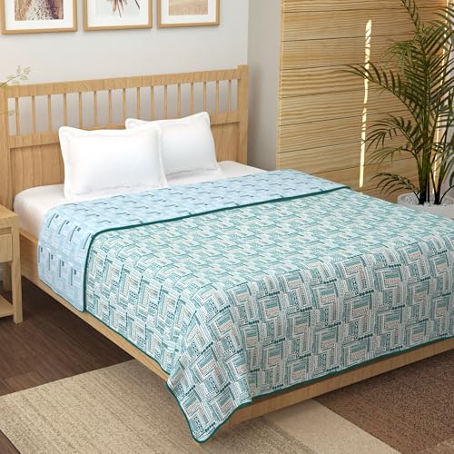 Image of Story@Home AC Comforter King Size Cotton 100%| 150GSM 225 x 240 CM Quilt AC Blanket for Summer | AC Dohar Double Bed | Light Blue & Dark Cyan Blue, Aztec Reversible Design Duvet | All-Season Blanket