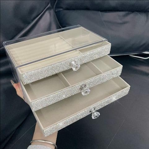 Rhinestone Three Layer Velvet Jewelry Storage Box Transparent Earring Jewelry Organizer Ring Display Jewelry Box Dust Proof Case Gift for Sister's mom teacher