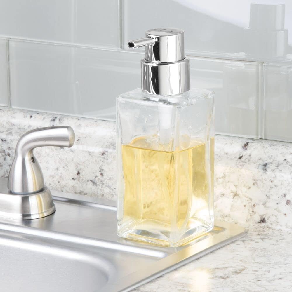 mDesign Square Glass Refillable Liquid Soap Dispenser Pump Bottle for Bathroom Vanity Countertop, Kitchen Sink - Holds Hand Soap, Dish Soap, Hand Sanitizer, Essential Oils - 2 Pack - Clear/Chrome