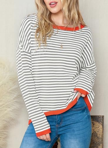 Image of Women's Striped Sweater Long Sleeve Crew Neck Ribbed Knit 2024 Fall Winter Pullover Sweater Tops
