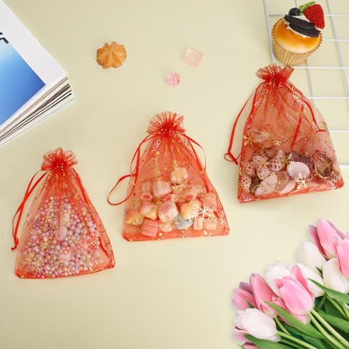 Image of Snowflake Organza Bags, 50 PCS Christmas Sheer Organza Bags with Drawstring 4 x 6 inch, Jewelry Gift Bag, Red Small Mesh Goodies Xmas Wedding Favor Mini Candy Pouches Bag for Christmas Party Favors